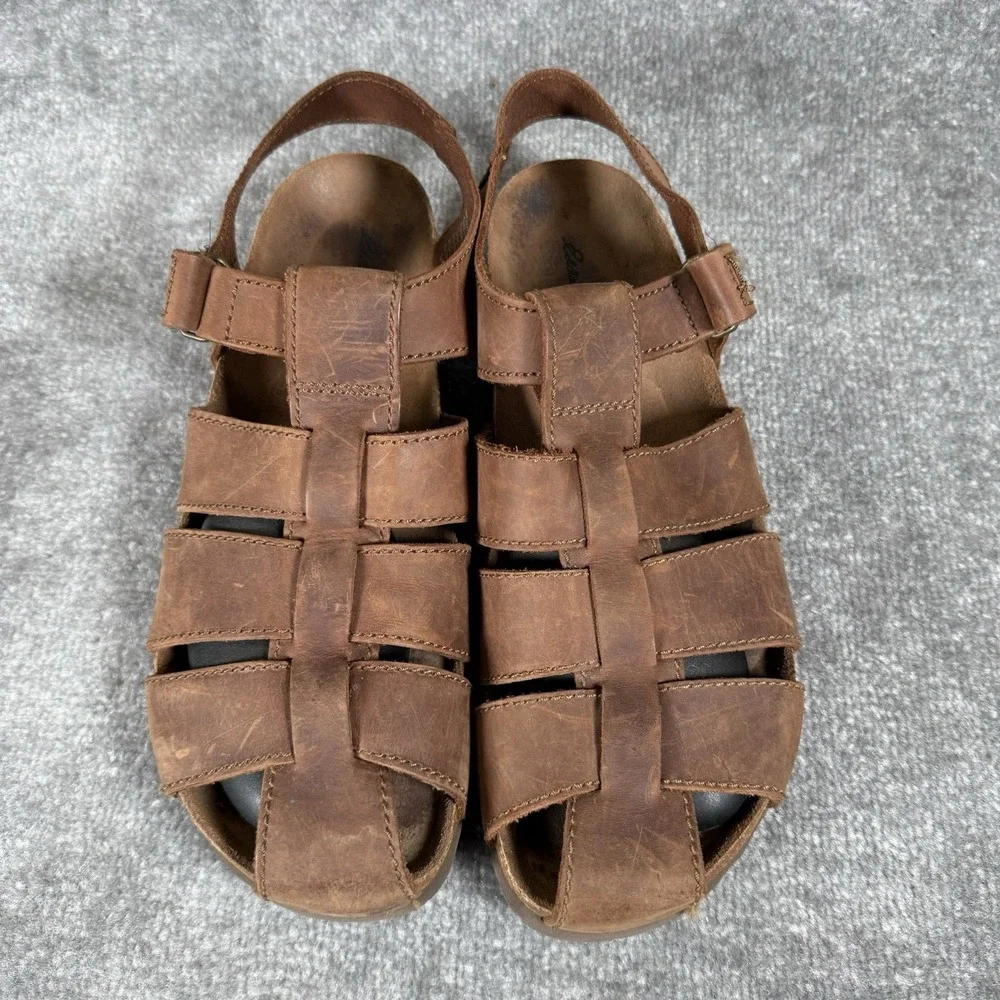 Eddie Bauer Sandals Men's 14 Brown Leather Fisherman Style Hook Loop Outdoor